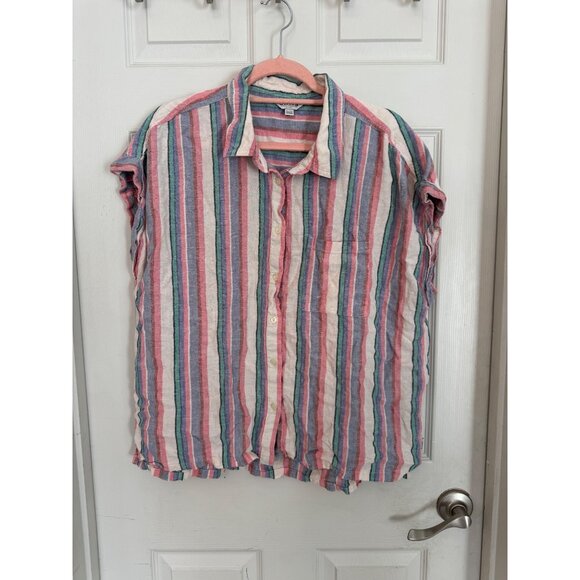 Orvis Multi-Color Cap Sleeve Striped Button Down Linen Blend Blouse Size XL - Picture 2 of 8